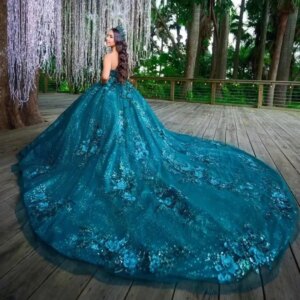Sea Blue Shiny Princess Quinceanera Dresses Sweet 16 Dress Off The Shoulder Sequin Applique Flower Beads Tull Birthday Party Gow