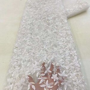 Luxury African Heavy Bead White Lace Fabric 2023 High Quality 5 Yards Nigerian Pearl Embroidered Mesh Material With Sequins XZ68