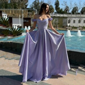 Sexy Customized Measures Saudi Arabic Green Sexy Lavender Floral Evening Dresses A-Line Pleated Off Shoulder Party Dress 3D Flow