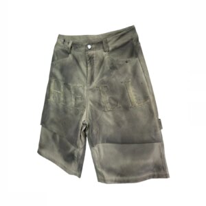 Retro Fashion Designer Handmade Custom Dirty Dyed Washed Distressed Patch Loose Profile Straight Knee Pants Casual Shorts