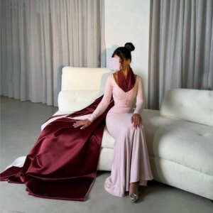 Customized Straight Mermaid Prom Dresses Flooor-Length V-Neck Full Sleeve Evening Dresses Fashion The-Tail-End Simple Button