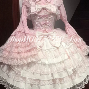 Romantic Pink Lolita Prom Dress Dreamy Bow Lace Long Sleeve Pleated Poncho Custom Masquerade Cosplay vestidos de festa