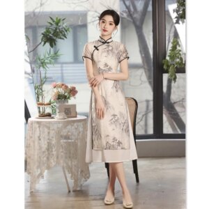Ethnic Style Jacquard Cheongsam Qi Pao Skirt Spring and Summer New Retro National Trend Long Improved