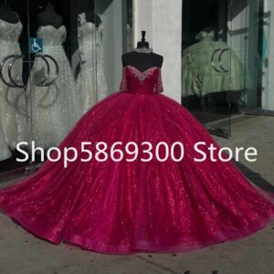 Fuchsia Pink Sparkly Quinceanera Dresses Customsized Gillter Crystal Sequins vestidos de 15 años quinceañeras corset outift