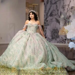 Glitter Crystal Sequined Beading Tassel Quinceanera Dresses Ball Gown Appliques Lace Bow Sweet 16 Vestido De 15 Anos