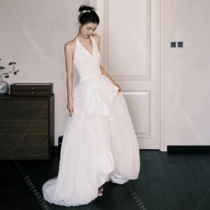 Halter Neck Diamond Grid Tulle Bridal Gowns High Low Sleeveless A Line Fashion Wedding Dress Backless Bridal Dancing Dress