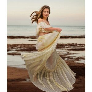 Don&Judy Maternity Formal Wear Clothing Chiffon Dress with Ruffled Off-shoulder Design Side Slit For Women Photography Outfit