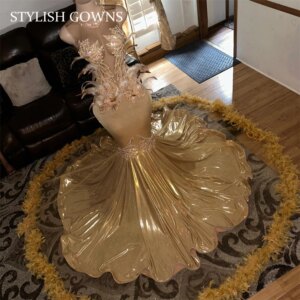 Gold O Neck Long Prom Dresses For Black Girls Bead Crystal Appliques 2024 Birthday Luxury Dress Feather Evening Gown Customized