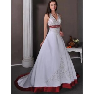 Embroidery Satin A Line Elegant Wedding Dress White And Burgundy Bridal Gowns Halter V-Neck Backless Robe Customized