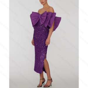 Purple Glitter Off The Shoulder Prom Dress Fashion Party Tea-Length Lady High-end Formal Evening Gowns