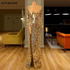 Luxury Golden Long Sleeves Mermaid Evening Dresses 2025 Sexy Side Slit Square Neck Women Special Occasion Women Party Prom Gowns
