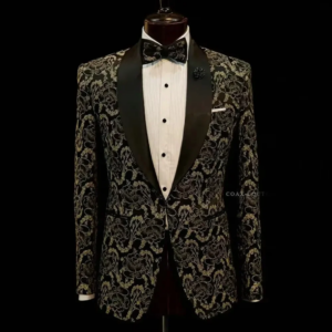 Black Formal Men Suits With Gold 3D Jacquard Weave Two Pieces Groom Wear ( Jacket + Pants )