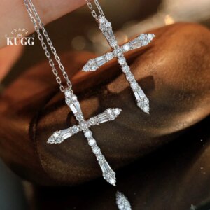 KUGG 100% 18K White Gold Necklace 0.45carat Real Natural Diamond Necklace Elegant Cross Pendant High Wedding Jewelry for Women