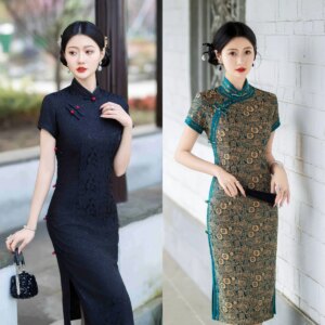 Cheongsam Spring New Elegant Mid-Length Retro Catwalk Short Sleeve Black Temperament Chinese Style Manufacturer