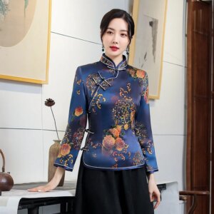 Autumn Retro Blue High Quality Real Silk Quilted Stand Collar Improved Warm Cheongsam Qipao Women’s Dress Top Suit