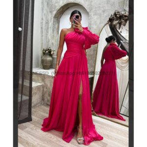 Vintage Long One Shoulder Chiffon Prom Dresses With Flower A-Line Blue Floor Length Formal Slit Evening Dresses customized