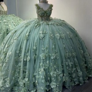 Mint Green Princess Quinceanera Dresses Off Shoulder 3D Floral Beads Tull Ball Gown Coset vestido 15 quinceañera dorado Sweet 16