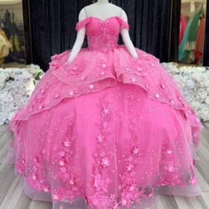 Pink Shiny Off Shoulder Quinceanera Dresses Applique Lace Beading Crystal Tull Party Birthday Sweet 16 Dress Vestidos 15 Anos