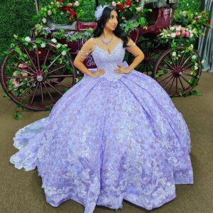 Lavender Shiny Princess Quinceanera Dresses 3D Flower Applique Lace Beads Corset Cinderella Prom Sweet 16 Dress vestidos de 15