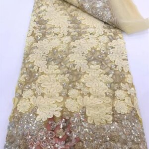 Gold Nigerian Lace Fabric 2025 High Quality French Tulle Beaded Embroidery Lace with Sequin for Party Luxury Dress 5Yards Q356-1