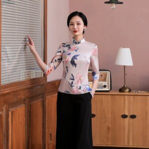 Printed Improved Three-Quarter Sleeve High Quality Real Silk All-Matching Cheongsam Qipao Women’s Dress Top Suit