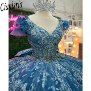 Blue Pearls Beading Bow Quinceanera Dresses Ball Gown Glitter Crystal Sequined Customized Corset Vestidos De XV Anos