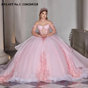 EVLAST Customized Shiny Pink Quinceanera Dress Ball Gown Floral Lace Applique Beading Bow Sweet 16 Vestidos De 15 Anos E3Q675