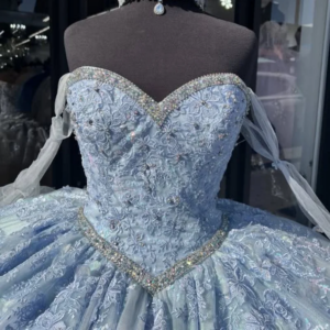 Customized blue Off Shoulder Quinceanera Dress Lace applique gemstone crystal 3D flower Tull vestidos de 15 Quinceanera