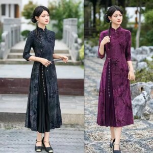 Fashion Improvement New Chinese Style Long Cheongsam Qi Pao Autumn and Winter Ice Silk Flocking Daily Wearable Dress