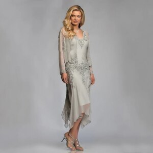Silver Chiffon Mother of the Bride Groom Dresses with Jackets 2024 for Summer Wedding Party Gowns Tea Length Lace Godmother