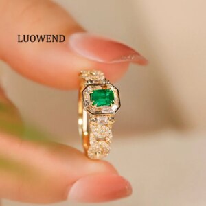 LUOWEND 100% 18K Yellow Gold Rings Fashion Luxury Diamond Jewelry Natural Emerald Engagement Ring for Women High Wedding Jewelry
