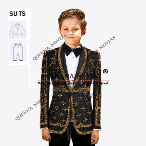 Exquisite Boy’s Suits For Wedding Glitter Gold Pearls Rhinestones Children Blazer Customized 2 Pieces Sets Kids Birthday Tuxedo