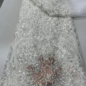 African Lace Fabric 5 Yards High Quality 2025 Luxury Beaded Lace Fabric White Lace Fabric Embroidery Tulle Lace For Dress A932-1