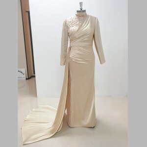 Elegant High Neck Long Sleeves Evening Dress New Fashion Female Floor Length Party Prom Gowns