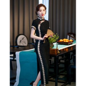 Retro Improve Chinese Style Long Lace Cheongsam Qi Pao Summer New Women’s plus Size Black
