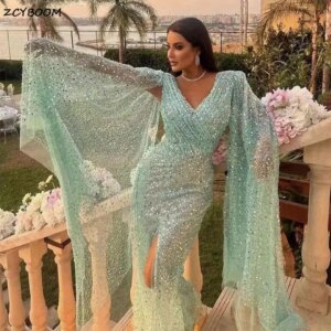 Luxury Glitter Sequined With Shawl Mermaid Prom Gowns 2025 Sexy High Slit V-Neck Long Evening Dresses For Women Robes De Soirée