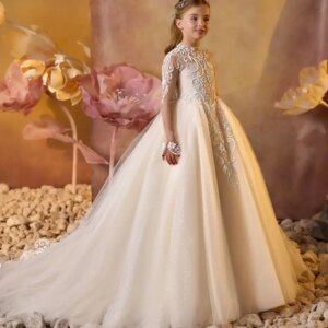 High Neck Lace Flower Girl Dresses For Wedding Customized Long Sleeve Litter Kids Baby Birthday Gowns First Communion Dresses