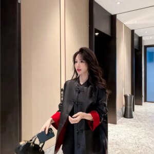 New Chinese leather coat women loose disc style suit