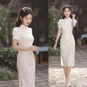 Fashion and Young Girl’s Short Sleeve Robe Qi Pao Spring New Improved Chinese Style Jacquard Cheongsam