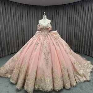 Customized Pearl Ball Gown Gold Embroidered Quinceanera Prom Party Dresses Lsmc15