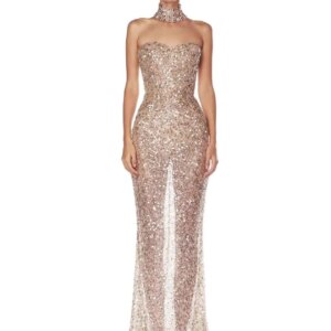 Summer Rose High-end Gold Strapless Dress, Light Luxury Temperament, Banquet Sparkling Fish Tail Dress, Long Skirt
