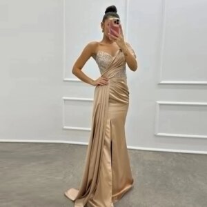 Birthday Party Dresses Exquisite Champagne Satin Beading Bespoke Occasion Gown Straight One-shoulder Elegant Party Dresses Woman