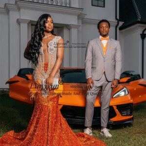 Customized Sequins Prom Dresses Mermaid Luxury Crystal Beading Feathers Vestidos De Festa Black Girls Party Gala Gowns