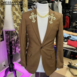 Brown Men Suits Two Pieces Crystal Cross Evening Party Blazer Groom Wear ( Jacket + Pants )