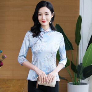 Blue Diagonal Stand Collar Printed High Quality Real Silk Chinese Ethnic Style Syage Show Cheongsam Qipao Women’s Dress Top