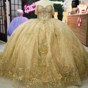 Customized Gold Off the Shoulder With Cloak Quinceanera Dresses Ball Gown Appliques Flowers Sweet 16 Dresses Graduation Gown