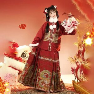 Classic Traditional Dragon Hanfu Women Winter Thicken Velvet Jacqard Horse Face Skirt Chinese Wedding Toast Costume New Year