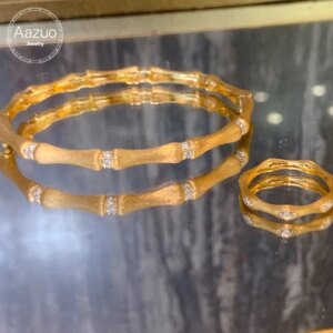 Aazuo 18K Yellow Gold Real Diamonds Luxury Jewerly Set Bamboo Ring Bangle Gifted For Women Engagement Halo anillos mujer Party