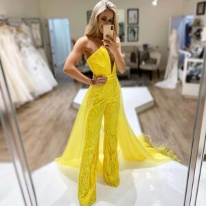 Hot Sale Sequined Jumpsuit Prom Dresses with Detachable Train Straight Yellow Outfit Pageant Gowns Overskirt Bodysuit