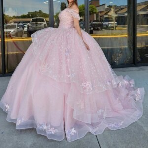 Glitter Pink Quinceanera Dress Ball Gown Off The Shoulder Applique Beaded Crystals Tull Corset Birthday Sweet 16 Vestidos De 15